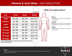 Size guide chart for full body harness BDSM wear showing chest, waist, and strap measurements.