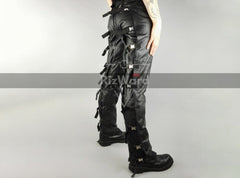 right view of person wearing leather trousers with buckels