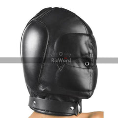 Left side view of Person head wearing a Total Lockdown Leather Padded Bondage Mask