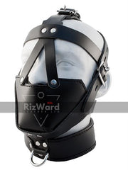 left side view of dummy head wearing a leather head harness