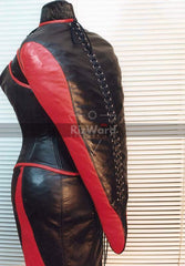 back view of dummy wearing leather corset with arm binder with laces -leather corset