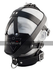 left side view of dummy head wearing a leather head harness