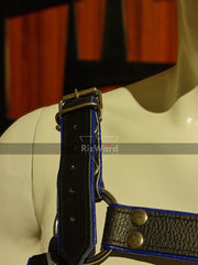 Detailed view ofbdsm chest harness with premium leather grain texture and heavy-duty steel buckles.
