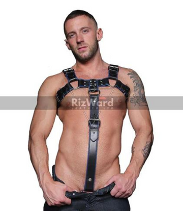 Male model wearing black leather bondage chest harness with chest straps.