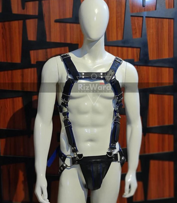 Full body harness BDSM gear with sleek leather jockstrap detailing for dominant play.