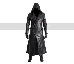 Handmade Black Leather Creed Hooded Coat - Steampunk Leather Coat For Cosplay