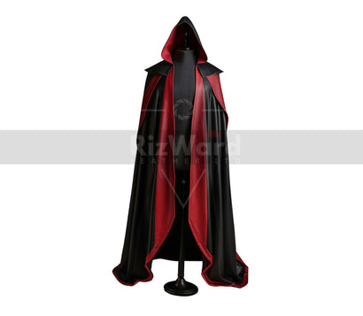 Black & Red Leather Medieval Wizard Cloak with Hood - Fantasy & Travel Cloak