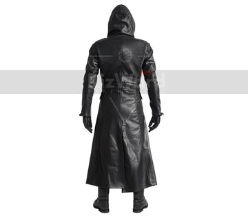Handmade Black Leather Creed Hooded Coat - Steampunk Leather Coat For Cosplay