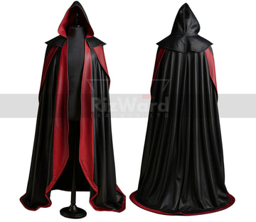 Black & Red Leather Medieval Wizard Cloak with Hood - Fantasy & Travel Cloak