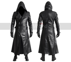 Handmade Black Leather Creed Hooded Coat - Steampunk Leather Coat For Cosplay