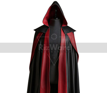 Black & Red Leather Medieval Wizard Cloak with Hood - Fantasy & Travel Cloak