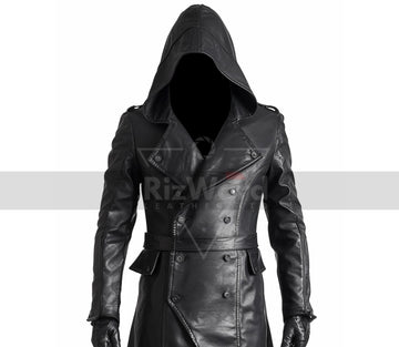 Handmade Black Leather Creed Hooded Coat - Steampunk Leather Coat For Cosplay