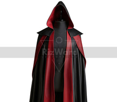 Black & Red Leather Medieval Wizard Cloak with Hood - Fantasy & Travel Cloak
