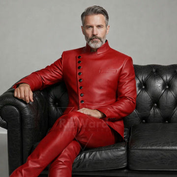 Man wearing a red leather suit with black buttons on a gray background
