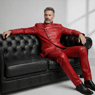 Man wearing a red leather suit with black buttons on a gray background