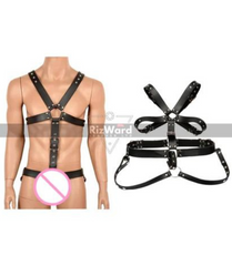 Faux leather men's sex harness with adjustable BDSM chest straps