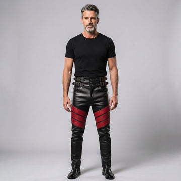 Men's Black Leather Pants | Genuine Leather with Red Studded Panels