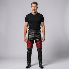 Men's Black Leather Pants | Genuine Leather with Red Studded Panels