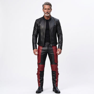 Men's black genuine leather jacket and red panel pants set biker festival outfit