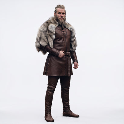 Men's Viking leather tunic with fur shoulder cape, brown leather armor and Norse warrior styling. - Rizwards Leather