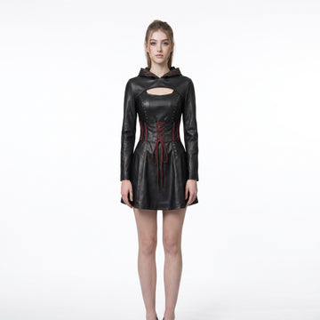 Women’s Durable, Repairable Black Leather Corset Mini Dress | Battle-Worn Aging Leather Hooded Gothic Dress fall style gift | Red Lace-Up Whimsigoth Fantasy Renaissance Dress