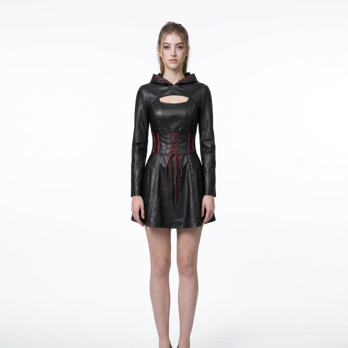 Women’s Durable, Repairable Black Leather Corset Mini Dress | Battle-Worn Aging Leather Hooded Gothic Dress fall style gift | Red Lace-Up Whimsigoth Fantasy Renaissance Dress
