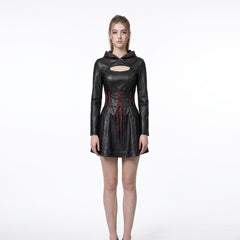 Women’s Durable, Repairable Black Leather Corset Mini Dress | Battle-Worn Aging Leather Hooded Gothic Dress fall style gift | Red Lace-Up Whimsigoth Fantasy Renaissance Dress