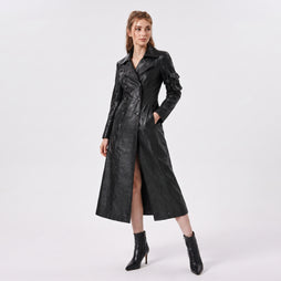 Women's Black Leather Trench Coat | Genuine Leather Long Coat | Double Breasted Leather Coat | Women's Leather Overcoat | Luxury Black Leather Winter Coat