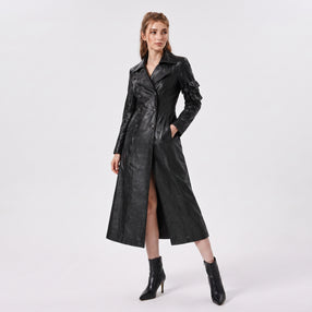 Women's Black Leather Trench Coat | Genuine Leather Long Coat | Double Breasted Leather Coat | Women's Leather Overcoat | Luxury Black Leather Winter Coat