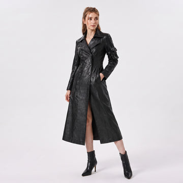 Women's Black Leather Trench Coat | Genuine Leather Long Coat | Double Breasted Leather Coat | Women's Leather Overcoat | Luxury Black Leather Winter Coat