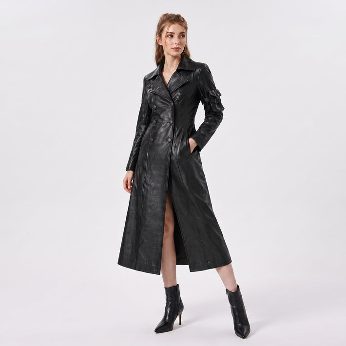 Women's Black Leather Trench Coat | Genuine Leather Long Coat | Double Breasted Leather Coat | Women's Leather Overcoat | Luxury Black Leather Winter Coat