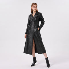 Women's Black Leather Trench Coat | Genuine Leather Long Coat | Double Breasted Leather Coat | Women's Leather Overcoat | Luxury Black Leather Winter Coat