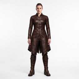 Viking Costume for Women | Brown Leather Coat, Pants & Combat Boots