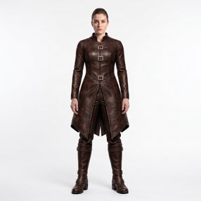 Viking Costume for Women | Brown Leather Coat, Pants & Combat Boots
