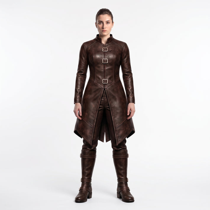 Viking Costume for Women | Brown Leather Coat, Pants & Combat Boots