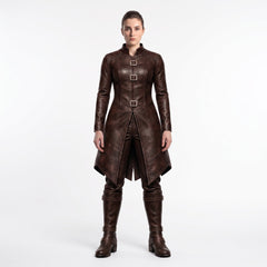 Viking Costume for Women | Brown Leather Coat, Pants & Combat Boots