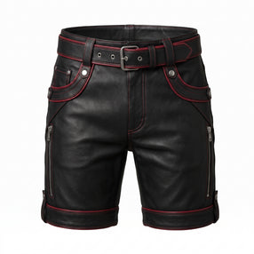 Black Genuine Leather Shorts | Custom Streetwear Festival Style, Red Trim Goth Clothes