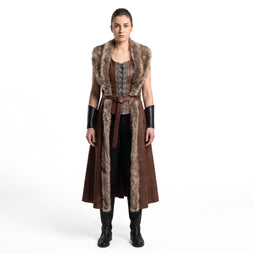 Women's Genuine Brown Leather Viking Vest | Fur Trim Long Leather Vest | Medieval Renaissance Costume | Nordic Warrior Outfit Custom
