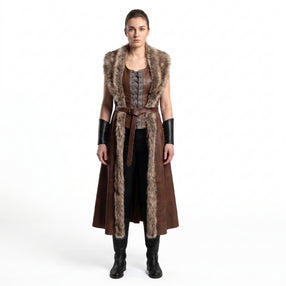 Women's Genuine Brown Leather Viking Vest | Fur Trim Long Leather Vest | Medieval Renaissance Costume | Nordic Warrior Outfit Custom