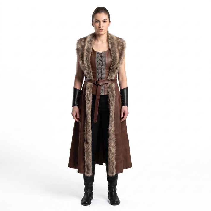 Women's genuine brown leather Viking vest with fur trim long medieval Renaissance costume
