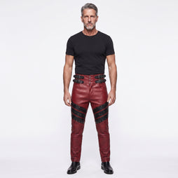 Men's Red Genuine Leather Pants with Black Studded Panels