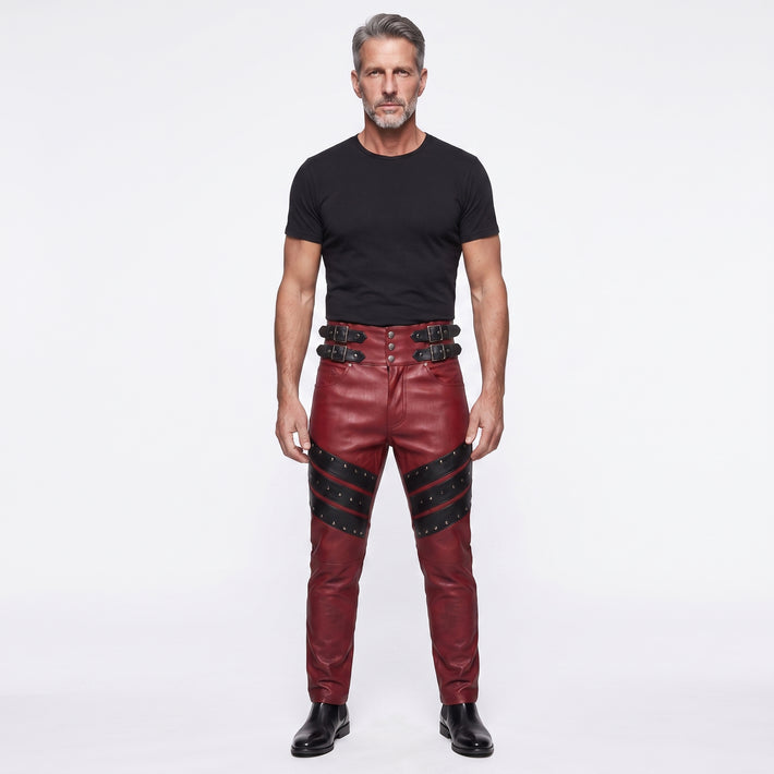 Men's red genuine leather pants with black studded panels front view