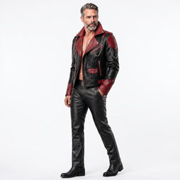 Cyberpunk Leather Jacket & Pants Set | Men's Black Red Biker Outfit