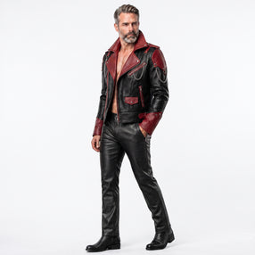 Cyberpunk Leather Jacket & Pants Set | Men's Black Red Biker Outfit