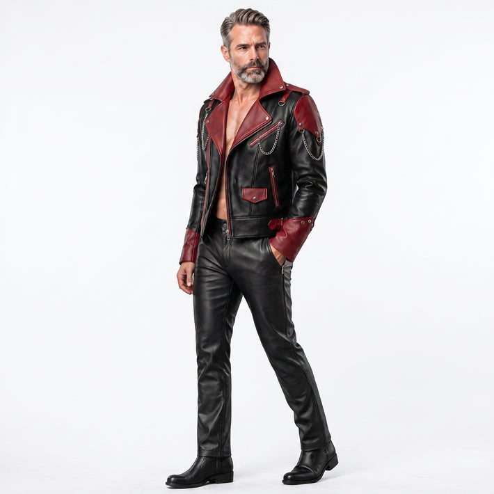 Men's black and red cyberpunk leather jacket and pants set biker outfit
