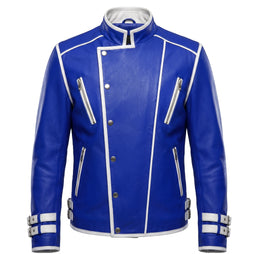 Leather Jacket | Men’s Genuine Blue Military Racer | White Piped Asymmetrical Zip | Handmade Custom Fit