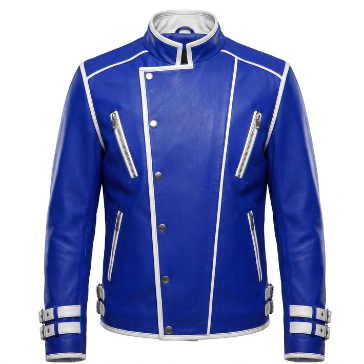 Men's blue genuine leather military racer jacket with white piped asymmetrical zip. - Rizwards Leather
