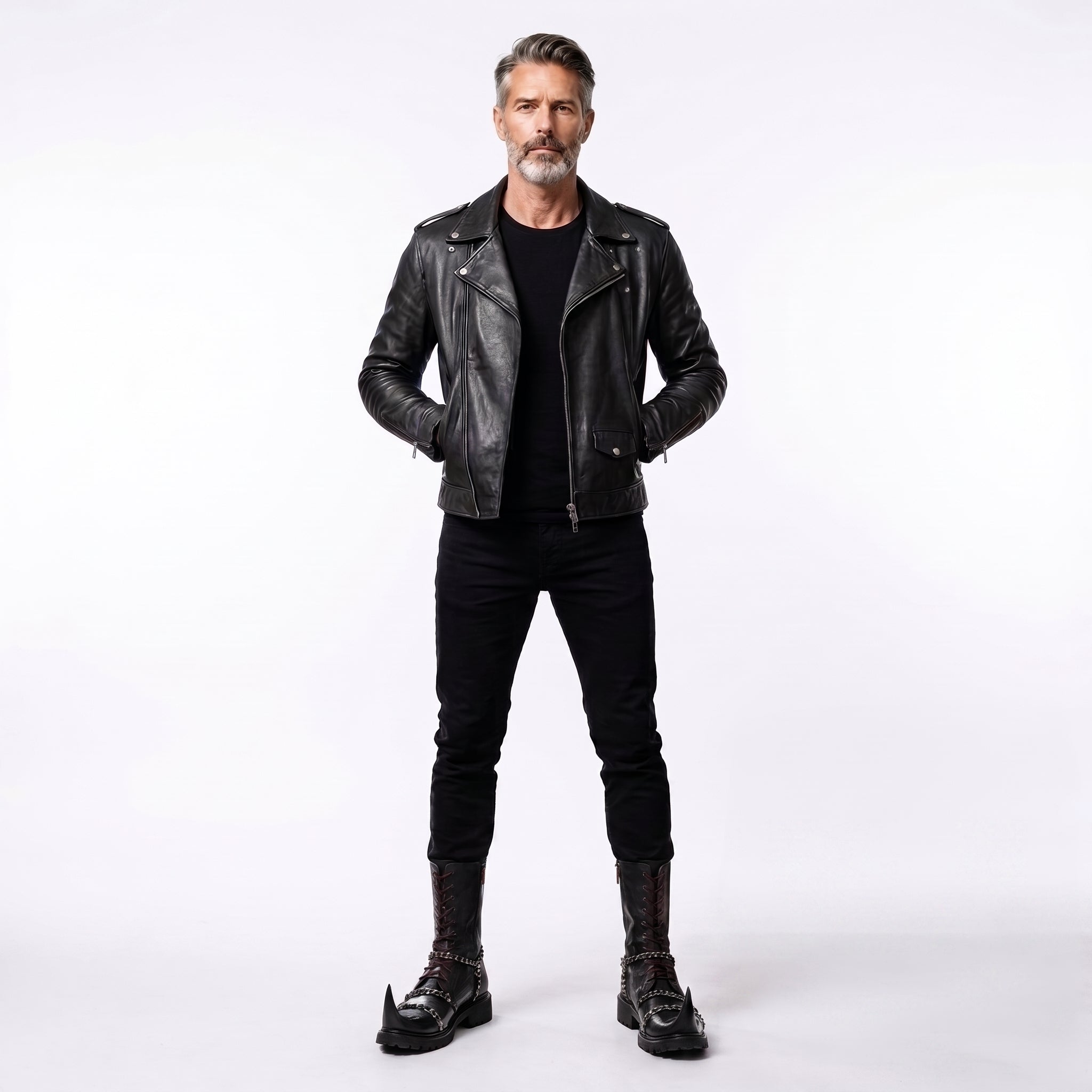 Men's black leather jacket with gothic leather boots and black pants punk biker outfit. - Rizwards Leather
