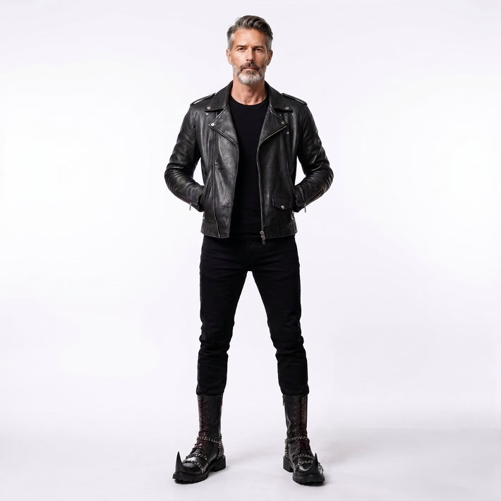 Men's black leather jacket with gothic leather boots and black pants punk biker outfit. - Rizwards Leather