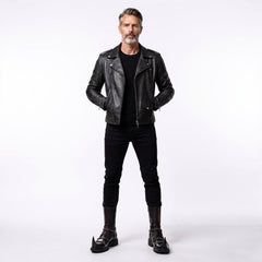 Men's black leather jacket with gothic leather boots and black pants punk biker outfit. - Rizwards Leather